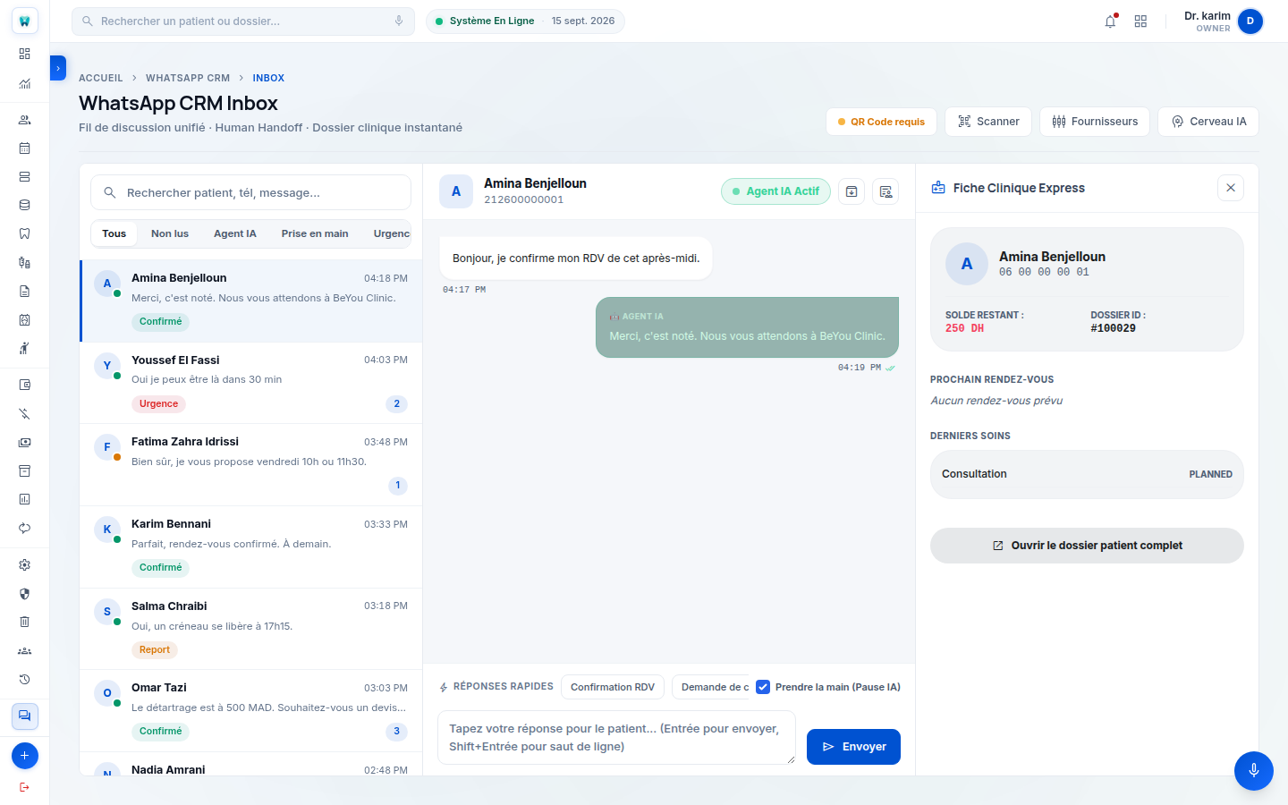 Inbox WhatsApp BeYouClinic liée au dossier patient